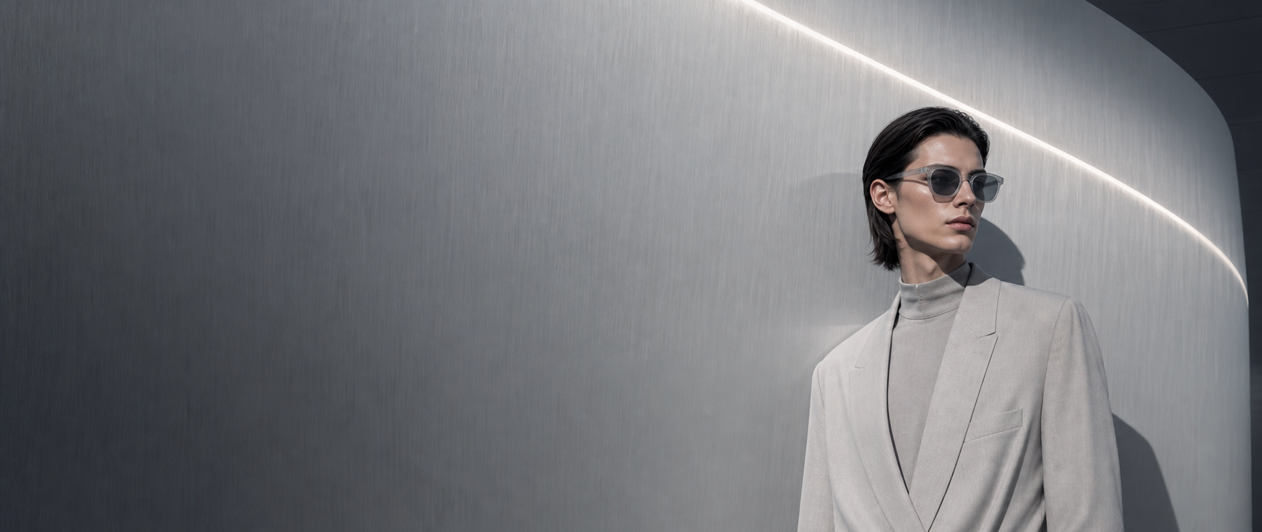 Androgynous model in pale grey tailoring wearing ice-grey sunglasses beside curved aluminum